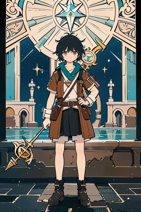 youthful adventurer with a staff and a satchel, wearing a mix of leather and cloth, standing in front of an ancient ruin, magical symbols glowing around him, curious and determined expression