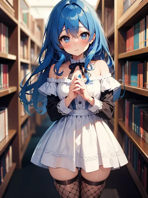 NSFW,Yoshino Astral Dress、Long Hair、blue eyes、ribbon、Hair between the eyes、Blue Hair,(cropped:1.5),Off the shoulder,Fishnet tights,(Perfect hands),(Perfect Anatomy),(masterpiece),(highest quality),Embarrassed,blush,library