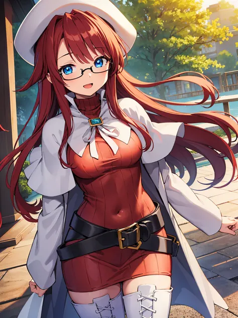pov,nsfw,summonnightaty, aty, (young:1.3),long hair, blue eyes, red hair, large_beret, hat, glasses,
BREAK long hair, thighhighs, hat, dress, boots, glasses, belt, cape, sweater, zettai ryouiki, beret, thigh boots, white footwear, ribbed sweater, loose bel...