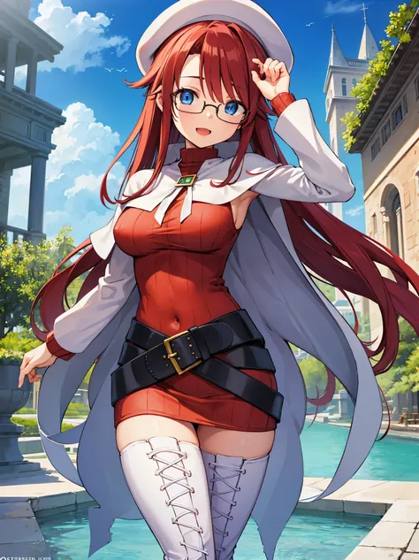 pov,nsfw,summonnightaty, aty, (young:1.3),long hair, blue eyes, red hair, large_beret, hat, glasses,
BREAK long hair, thighhighs, hat, dress, boots, glasses, belt, cape, sweater, zettai ryouiki, beret, thigh boots, white footwear, ribbed sweater, loose bel...