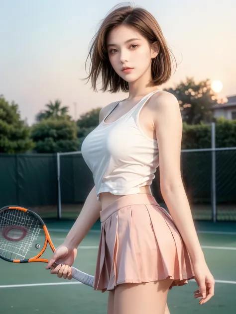 (highest quality, High resolution, masterpiece :1.3), (Shooting from the side), Beautiful girl, Orange sunset sky, During a tennis match,Short Bob, Short pleated skirt, Blushing,Dynamic photography,Intelligent face,Bold Pose.Large firm breasts,No makeup
