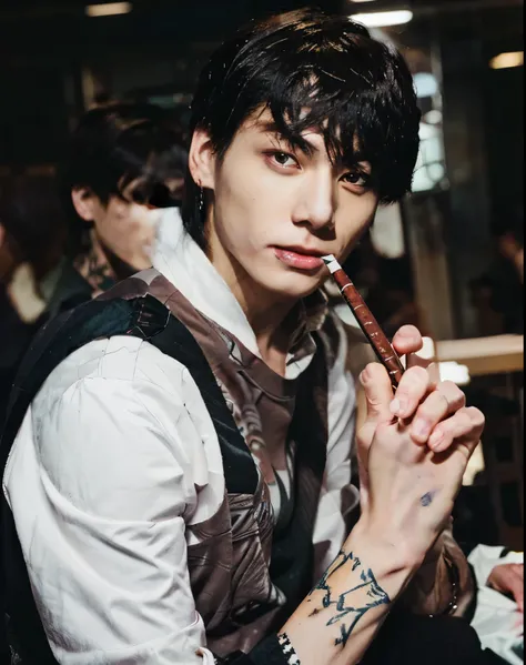 there is a man with a cigarette and a tattoo on his hand, handsome guy in demon slayer art, handsome anime pose, male anime style, trigger anime artstyle, beautiful androgynous prince, male anime character, delicate androgynous prince, style of hajime isay...