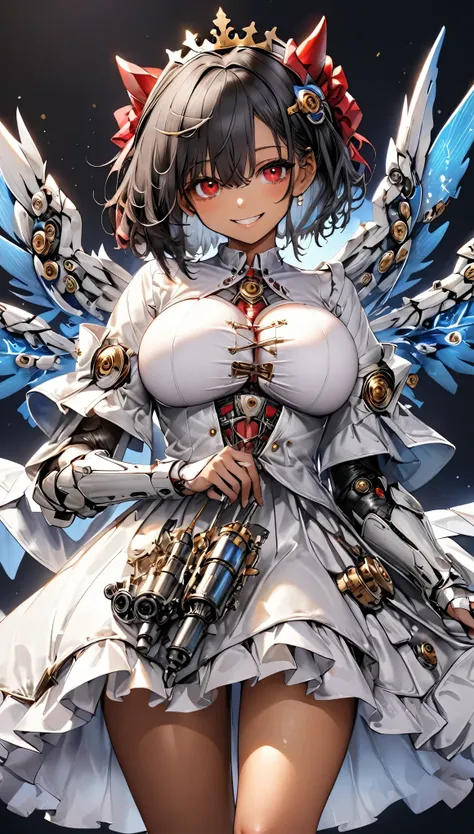 masterpiece, best quality, extremely detailed, high resolution, Japanese anime,1girl, (dark skin:1.2), gold hair, (short length hair:1.4), curly hair, wavy hair, drill hair, (mechanical horn:1.2), (mechanical wing:1.2), (eye lashes:1.3), (eye shadow:1.3), ...