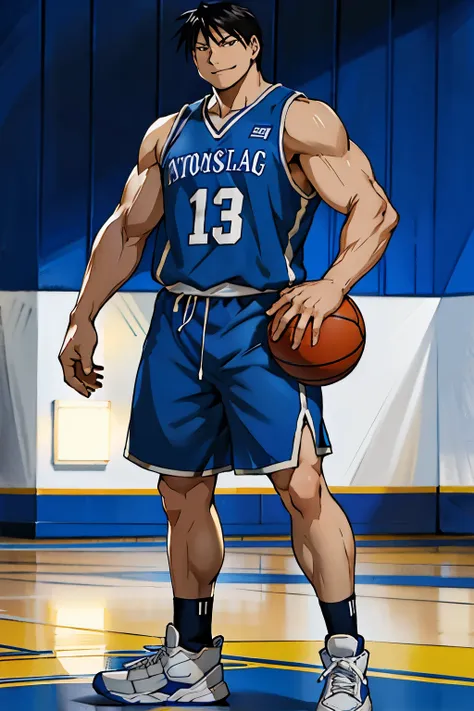 roy mustang from full metal alchemist, wearing a basketball uniform, shorts and sneakers, basketball player, smug smile, defined...