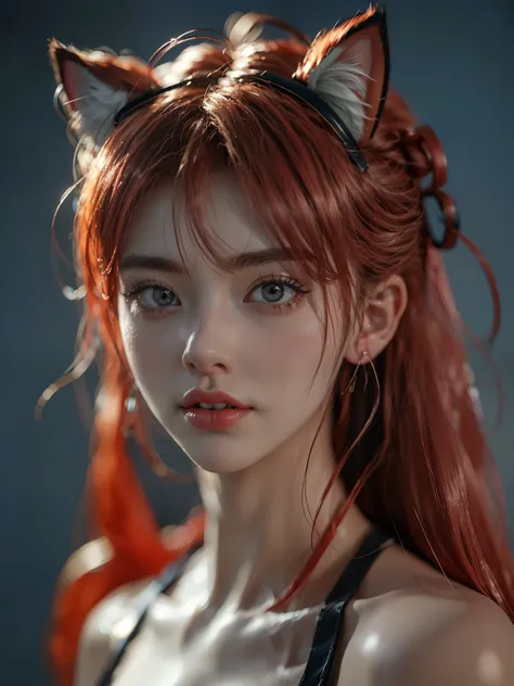 (top quality, super details: 1.2), muscular body, toned body, abs of steel, anime style, cat ears girl, red hair, hair bobble, w...