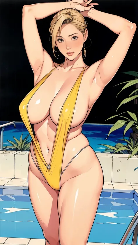 Seeing a mature and plump woman，Plus Size，30 years old，Standing front:1，Short Blonde，Tall，Slightly chubby，blushing，Slingshot swimsuit:1，Showing cleavage，Standing by the pool，Hands raised to hold head，Show your armpits，High-quality works，masterpiece，4K reso...