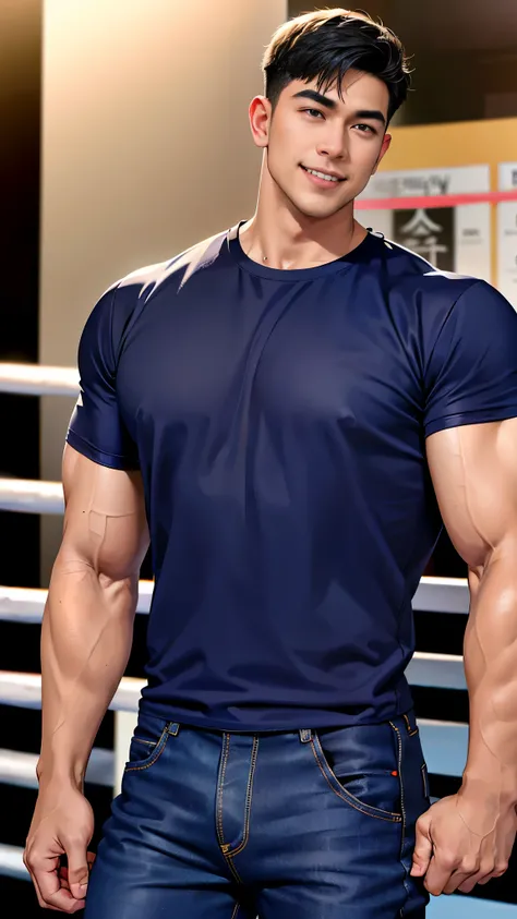 1 man, smile, (Wear a navy round neck shirt.), (Navy blue round neck shirt., short sleeve ฟุตบอล shirt.), Jeans, Korean guy , korean men, (High gloss details), chest muscles, Big arm muscles, blood vessel, big muscles, Broad shoulders, looking at the audie...