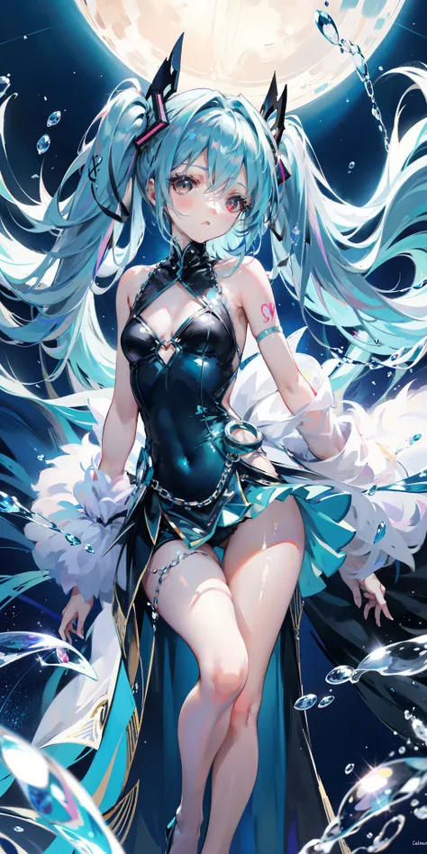 blue theme, Hatsune Miku portrait，masterpiece, magic , (Impossible Dress:1.5), mini skirt, Gradient background, Silver-blue hair, , Bangs,Side Chain, pink eyes, (ulzang-6500-v1.1:0.9), 中等Chest, Chest, Thigh gap, Hair accessories, arching back, Black_witch_...