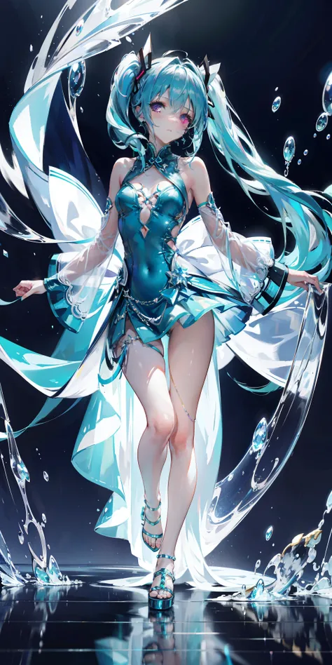 blue theme, Hatsune Miku portrait，masterpiece, magic , (Impossible Dress:1.5), mini skirt, Gradient background, Silver-blue hair, , Bangs,Side Chain, pink eyes, (ulzang-6500-v1.1:0.9), 中等Chest, Chest, Thigh gap, Hair accessories, arching back, Black_witch_...