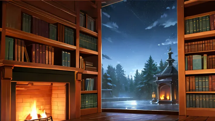 Western-style villa, rainy night sky and forest outside the window, room lit by fireplace, old bookshelves