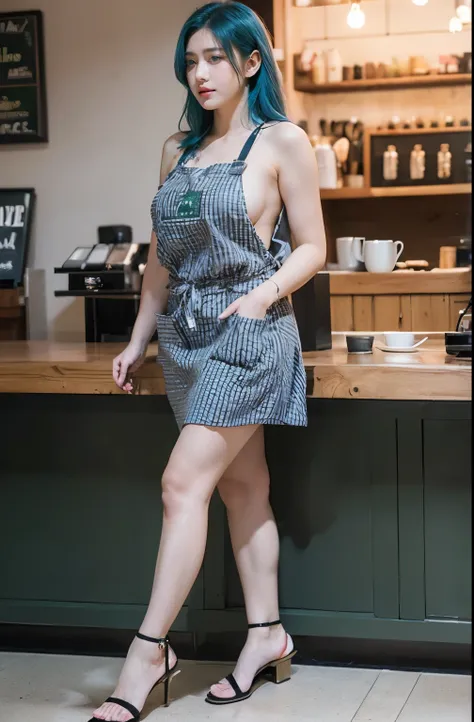 21yo girl, (blue hair), only wearing dark green starbucks apron, off-shoulders, show clavage, (show big thigh, plump body), huge breast, full body photo, standing pose. Side view. nd. In coffee shop. Naked