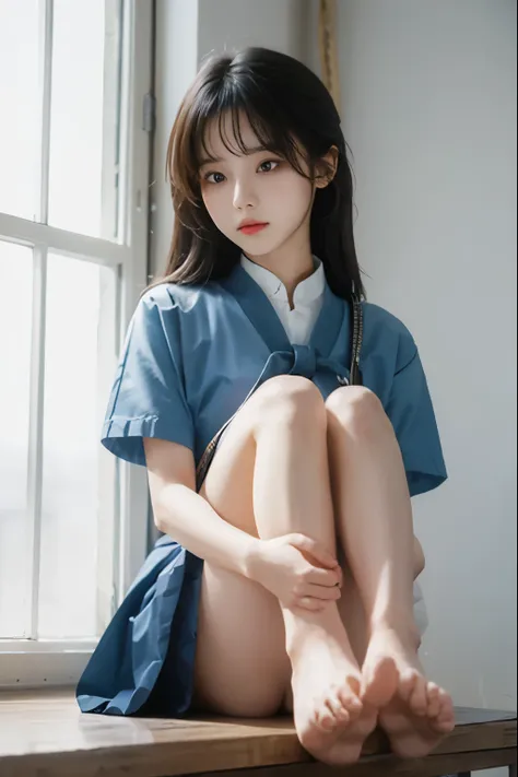 A cute girl is confined and tied up、Inside the room、White under the blue skirt、Red short sleeve shirt、Sit with your feet together and forward、Beauty、