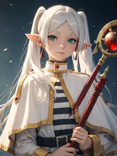 1girl,blood,blood on clothes,capelet,dangle earrings,debris,drop earrings,earrings,elf,green eyes,holding,holding staff,jewelry,looking at viewer,mage staff,magic,parted bangs,pointy ears,shirt,solo,staff,striped clothes,striped shirt,thick eyebrows,twinta...