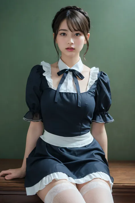 highest quality, masterpiece, Ultra-high resolution, (Realistic: 1.4), RAW Photos, 1 girl, British maid, Ruffled Maid Headband, ponytail, Braided hair, Victorian style black dress, Ribbon tie, White apron, Long skirt, Puff sleeves, White silk stockings, Bl...