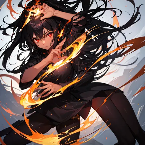 Black Girl, Black hair With Fire On ends, Fire swirling  around her, Red Eyes, Hands Glowing