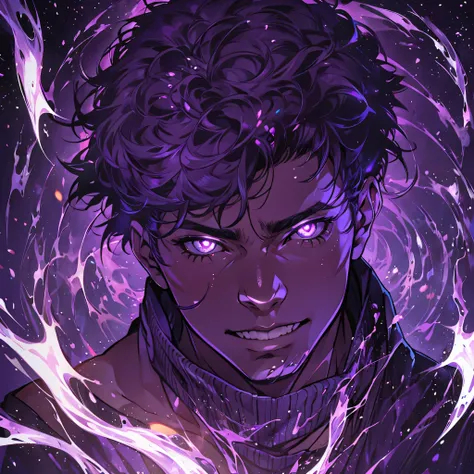 Black man, Male, Purple Short hair, Purple Eyes, Sparkley Purple Fire Swirling Aroung him, Hands Glowing