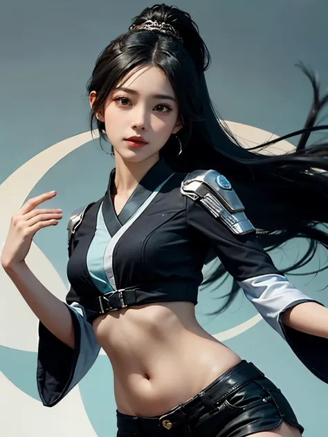 ((best quality)), ((masterpiece)), (detailed), perfect face. black hair. anime girl. asian girl. black eyes. belly. short pants.