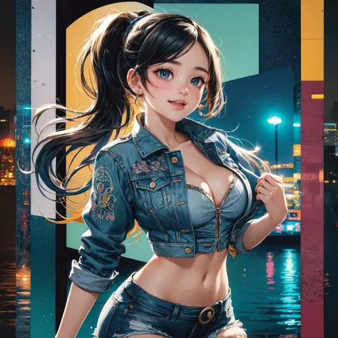 A stunning anime-style illustration of a busty young woman wearing a fitted denim jacket adorned with intricate designs. Her long, flowing hair is tied in a ponytail, and she has a bright, happy expression. Her eyes are large and expressive, with a touch o...