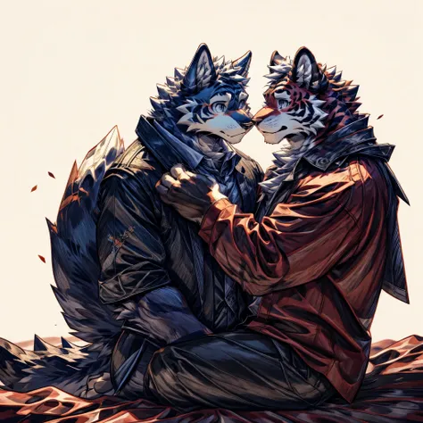 masterpiece,High quality,furry,(two man),(A tiger kissing a wolf),cute,embarrassed expression,perfect background,Around 18 years old,whole body,On the bed in the bedroom,There are two species,