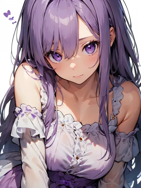 (White Background:1.5)1 girl, Beautiful and detailed, Purple long hair, Pale purple eyes, Princess Dress,Drunk