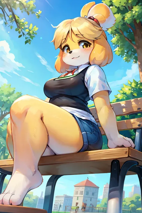 Isabelle from animal crossing sitting on a bench at the park with her  out