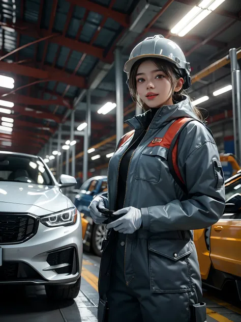 Illustration of an industrial robot performing automatic welding in a large car factory. A young female worker wearing a helmet is standing with a smile.