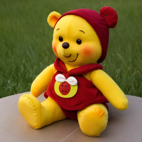 : winnie the pooh, Doll, realistic, hairy, dressed beast, apple, dark circles, blush, cherry, food, fruit, whole body, hat, non-human, strawberry, tomato, watermelon