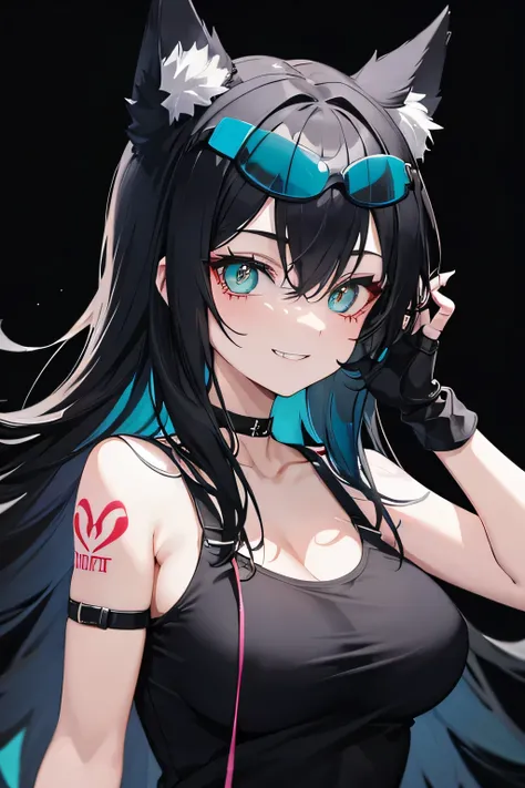 Yandere girl, both hands on face, black long hair with teal highlights, goggles on head, wolf ears, psycho, black choker, fingerless gloves, crazy smile, tattoos, tank top, large breasts, icon