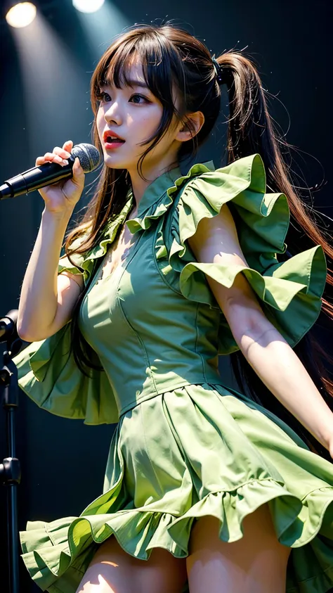 Best quality: 1.4, high resolution, perfect lighting, one woman, bangs, twin tails, double eyelids, Japanese idol costume, green frilly costume, live performance, microphone, various color lighting