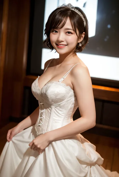 highest quality, masterpiece, Ultra-high resolution, (Reality: 1.4), Original photo, 1 woman, mature, happy smile, short hair, plump body, , Cinema Lighting, from below,White corset、bride