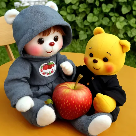 : 3. Winnie the pooh, Cute Doll, realistic, hairy, clothed animal, apple, dark circles, blush, cherry, food, fruit, full body, hat, non-human, strawberry, tomato, watermelon