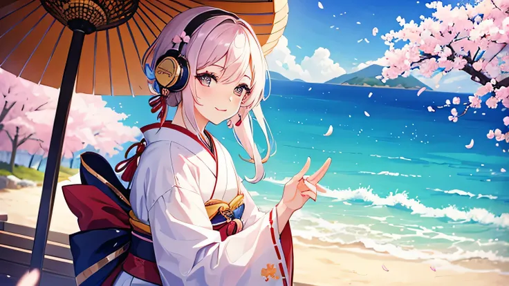 A beautiful woman wearing traditional Japanese clothing listens to music through headphones。Cherry blossoms fluttering about on a nostalgic yet cheerful beach