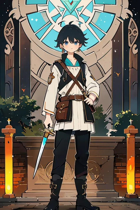 youthful adventurer with a sword and a satchel, wearing a mix of leather and cloth, standing in front of an ancient ruin, magical symbols glowing around him, curious and determined expression