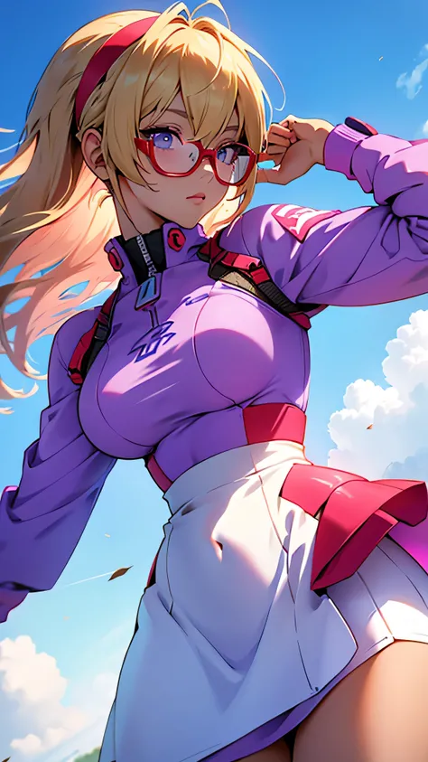 anime,An illustration,purple robot,Mobile Suit,Dom,Light blue check dress,Red glasses,Blonde,Light blue mesh hair,beautiful girl,Sora Sakurano,one person