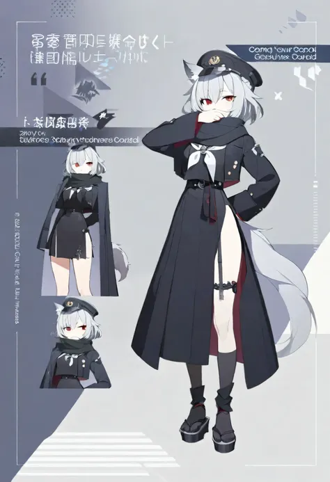 one girl,whole body,are standing,high school student,concept art,grey hair,black long coat over sailor suit,wearing a coat,black...