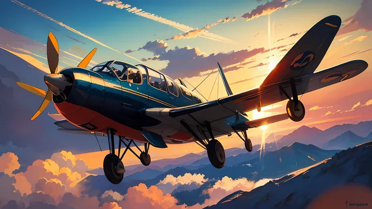 propeller aircraft,illustration,oil painting,classic style,vintage,vibrant colors,high contrast,clear skies,flying in the air,passionate pilot,mechanical beauty,graceful movement,meticulously detailed,metallic sheen,shiny propellers,engine roaring,majestic...