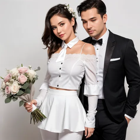 tmasterpiece, Best quality,  1plump girl, 1fitness boy, flowers blooming, a skirt, The shirt, tics, flower bouquet, White flowers, collared shirt, hair adornments, jaket, mitts, fail, formal, simple backgound, heterosexuality, holding bouquet of flowers, W...