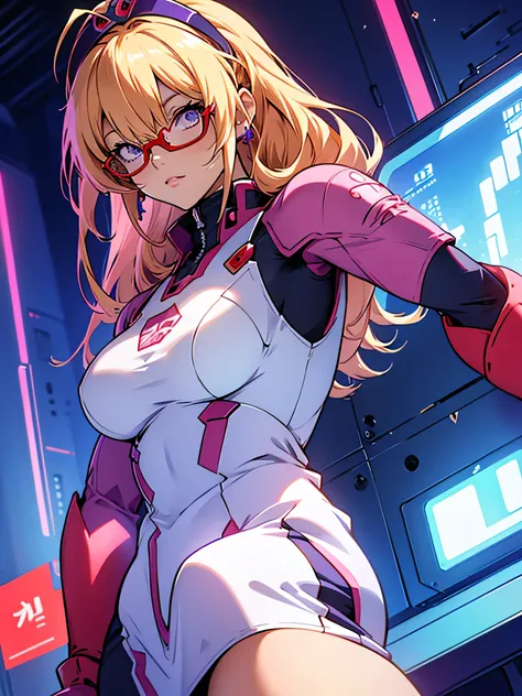 anime,An illustration,purple robot,Mobile Suit,Dom,Light blue check dress,Red glasses,Blonde,Light blue mesh hair,beautiful girl,Sora Sakurano,one person