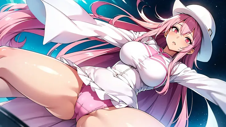 1 girl, long pink hair, white hat, white dress, pink eyes, perfect lips, perfect thighs