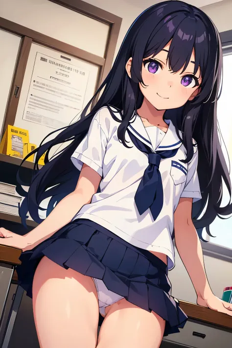 Elementary school girl, 8 years old　Flat chest, black hair, long hair, purple eyes　smile　（one person）　Plain white short-sleeved T-shirt　Navy blue denim mini skirt　White panties（（I can see her panties）） White socks　Girl&#39;s Room　Sit on the sofa　 Dynamic a...