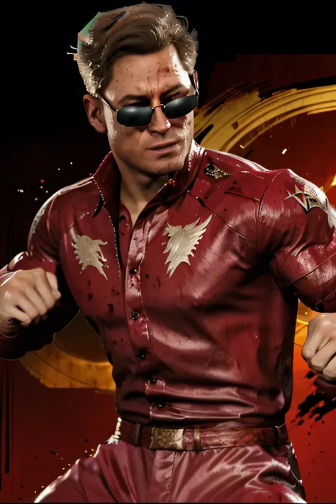 (Johnny Cage), cocky smirk, sunglasses, fighting, fists, Mortal Kombat, Character Design, dynamic lighting, cool and bright colors, red suit, trouser, upper body shot, blood