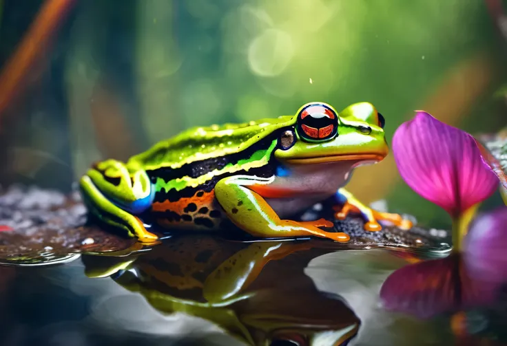 One beautiful frog, high resolution, high quality, master piece, cute photo, 8K, rainbow color, in the forest, realistic photos,