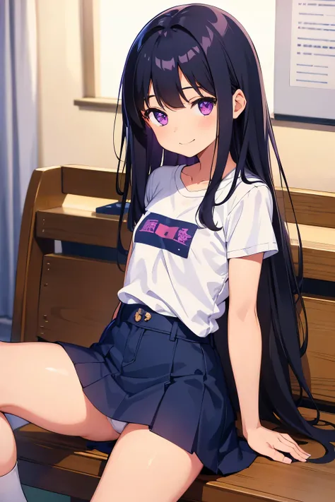 Elementary school girl, 8 years old　Flat chest, black hair, long hair, purple eyes　smile　（one person）　Plain white short-sleeved T-shirt　Navy blue denim mini skirt　White panties（（I can see her panties）） White socks　Girl&#39;s Room　Crouching　 Dynamic angle L...