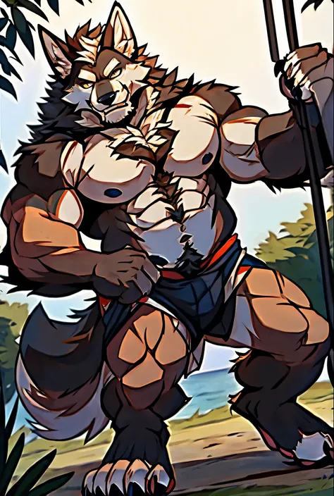 Human-wolf，musculous，Hairy all over，clawed paws，erect through