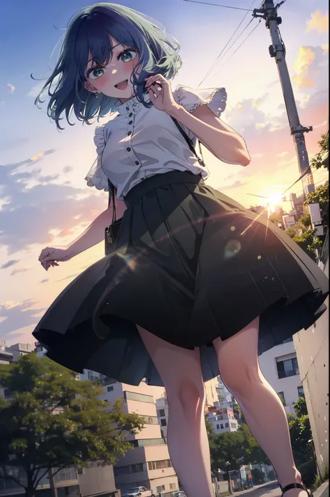 akanekurokawa, akane kurokawa, bangs, (Green Eyes:1.3), Blue Hair, Medium Hair, dark Blue Hair,smile, smile, Open your mouth,Sleeveless black dress,Bare arms,Black long skirt,Cute heeled sandals,Sunset,evening,The sun is setting,My hair is blowing in the w...