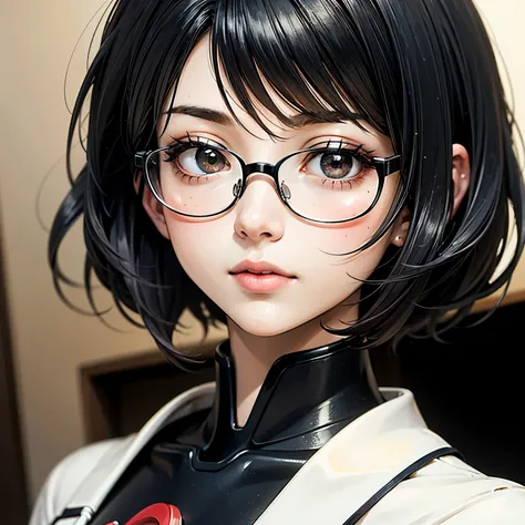 ((best quality)), ((masterpiece)), (detailed), perfect face. Black hair. Short hair. Anime girl. Asian girl. Black eyes. Glasses. Mecha.