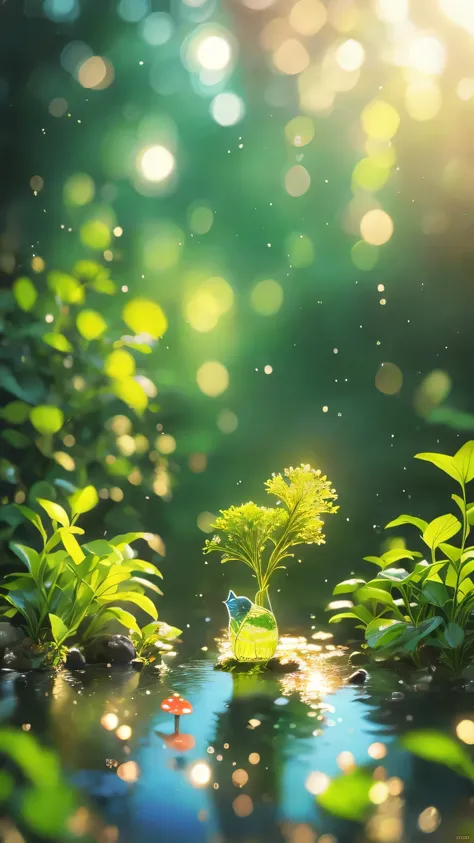 masterpiece, Macro photo of a bird drinking water in the forest, evening, mushroom, Dew Drops, High Contrast, Studio Ghibli style, Very complex, Very detailed, Photorealistic Style