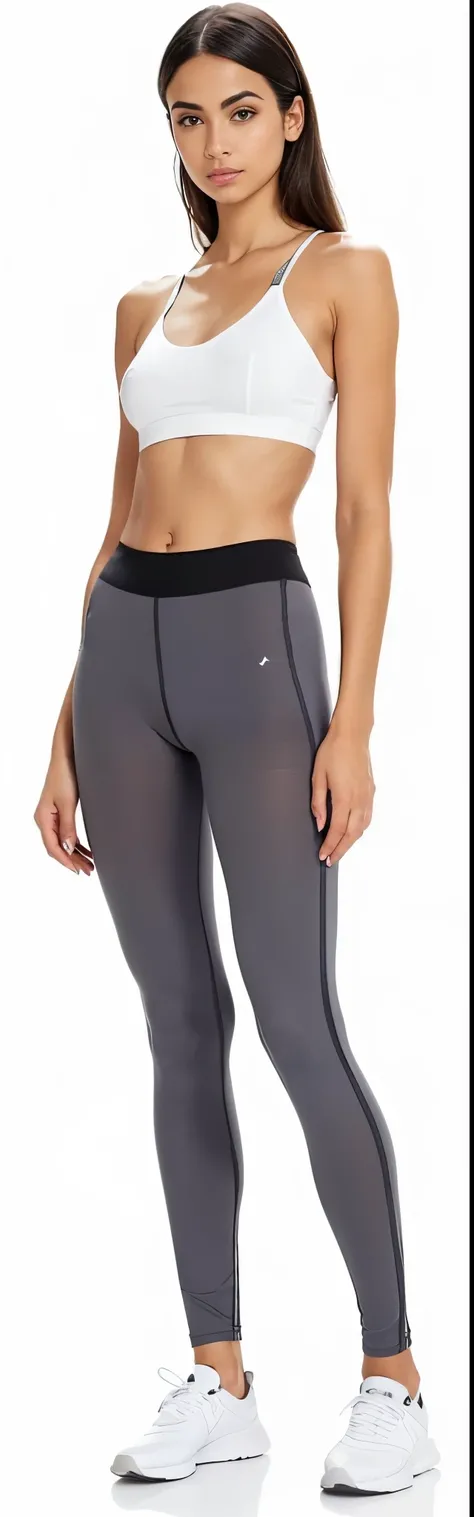 a woman in a white top and grey perneiras, perneiras, perneiras, two piece workout clothes, por Gabriel Ba, perto de um magro, metallic neoprene woman, roupas esportivas, foto detalhada, pele firme, parte superior e inferior do corpo, pants, physicist : a ...