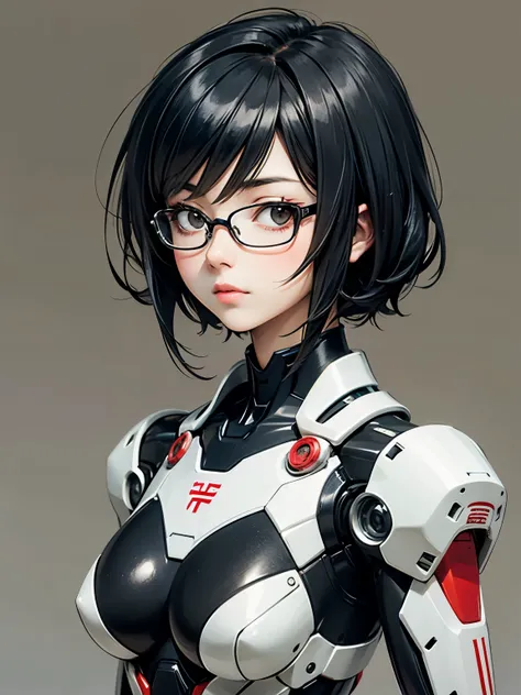 ((best quality)), ((masterpiece)), (detailed), perfect face. Black hair. Short hair. Anime girl. Asian girl. Black eyes. Glasses. Mecha. Half body.