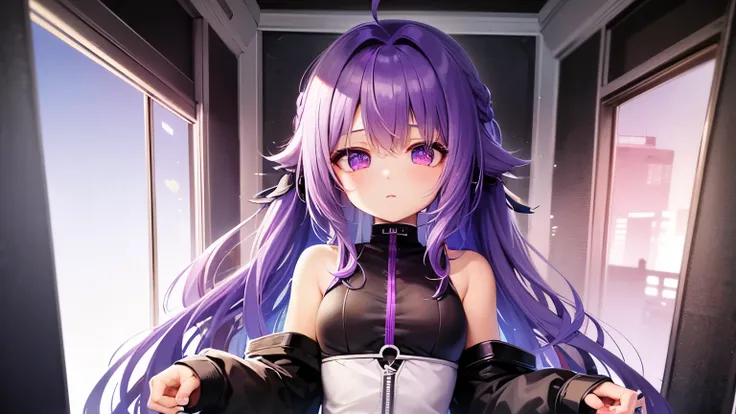 One girl.highest quality、masterpiece、Official Art、The best configuration、Little、cute、The hair is milky white on top、The bottom is a purple gradient.、Long hair braided into two ponytails、The outfit is black and cyberpunk style with open sides..、There is a b...